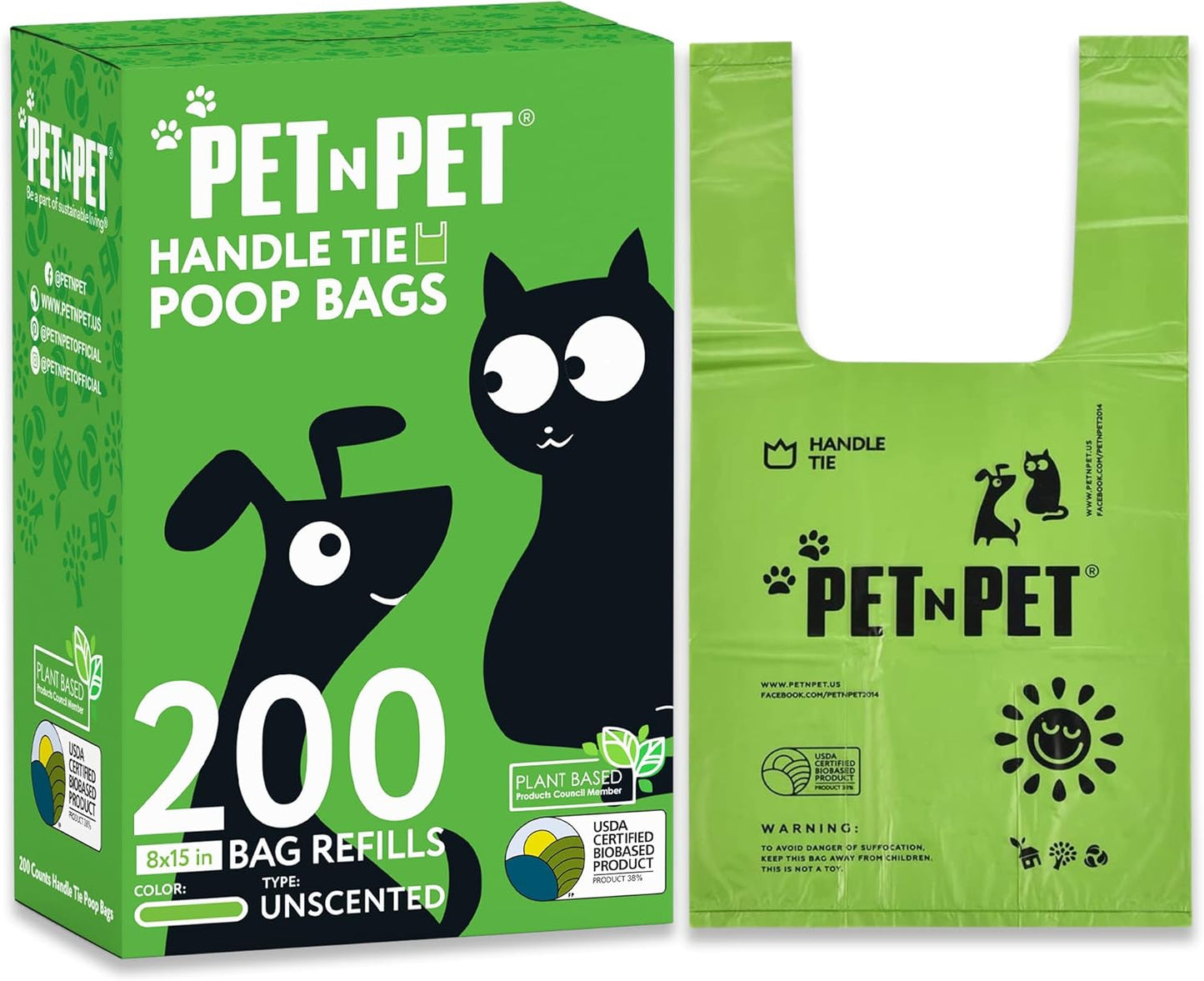 200 Counts Unscented Dog Poop Bags Rolls with Tie Handles, 38% Plant Based & 62% PE Poop Bags for Dogs, Extra-Thick Doggie Poo Bag, Pet Waste Bag