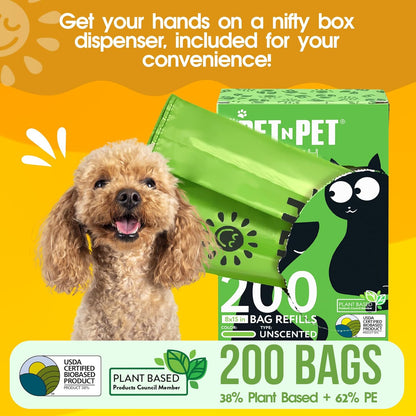 200 Counts Unscented Dog Poop Bags Rolls with Tie Handles, 38% Plant Based & 62% PE Poop Bags for Dogs, Extra-Thick Doggie Poo Bag, Pet Waste Bag