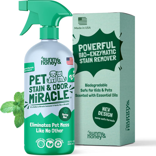 Pet Stain & Odor Miracle - Enzyme Cleaner for Dog Urine and Cat Pee - Pet Odor Eliminator for Carpet, Mattress, and Furniture - 32 Fl Oz Miracle Stain Remover Spray - Carpet Cleaner